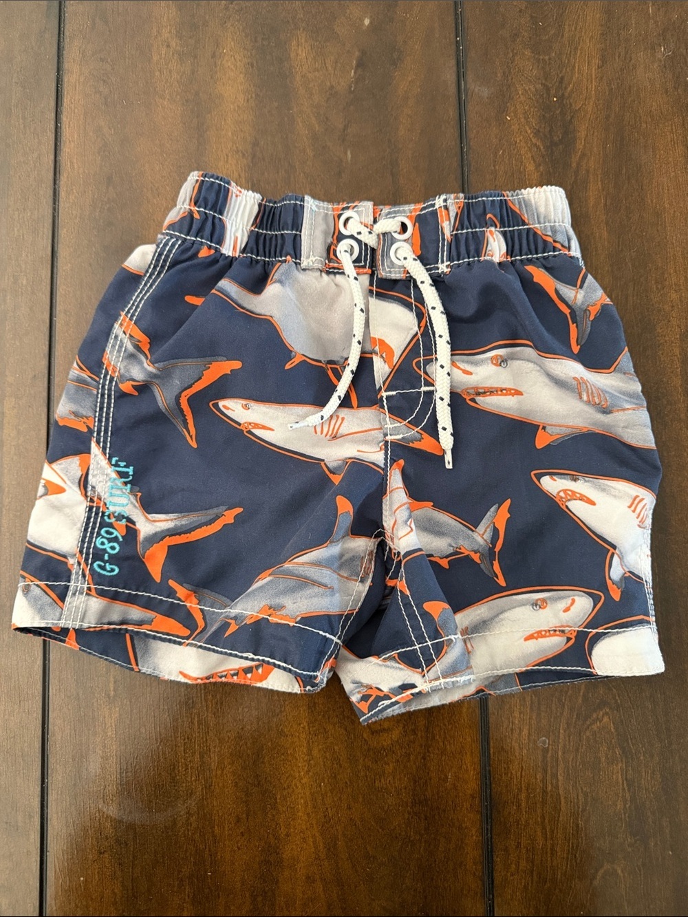 Boys Shark Print Swim Trunks - Navy & Orange